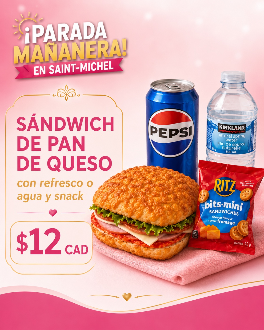 Sándwich de pan de queso con bebida y Ritz Bits, 12 CAD